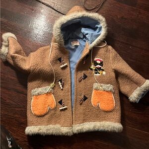 Children's Brown Fleece Hooded Coat with Orange Heart Pockets